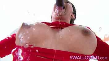 Busty babe deepthroating a big dick then swallows all of his cum video